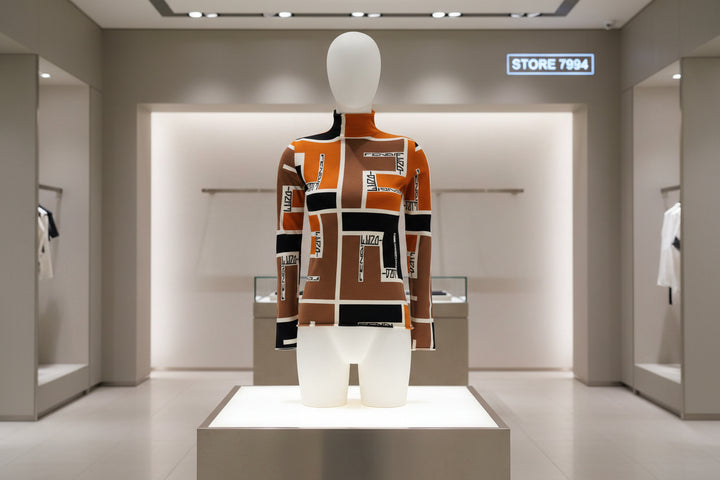 Patterned sweater with brand logos on a white background