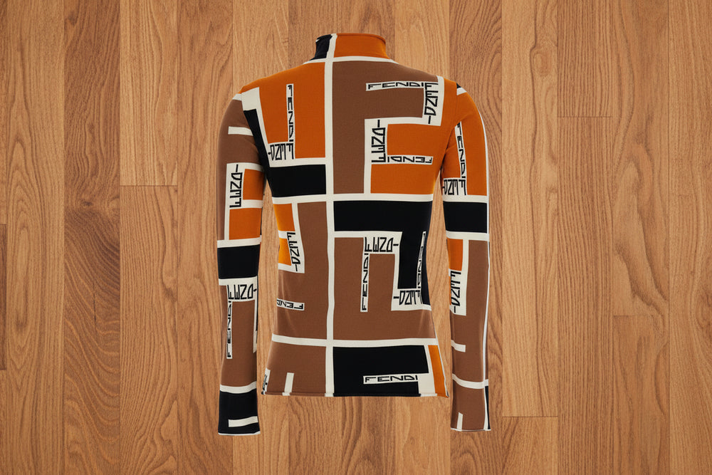 Long-sleeve shirt with geometric pattern and 'Fendi' branding on a white background