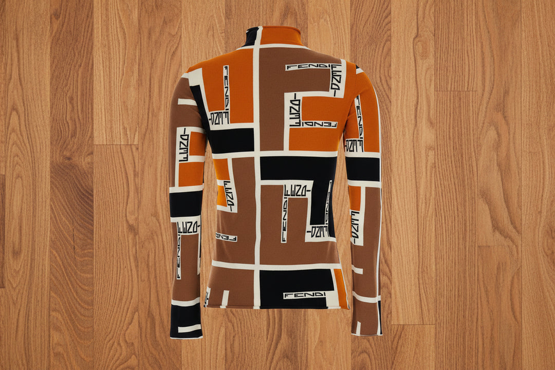 Long-sleeve shirt with geometric pattern and 'Fendi' branding on a white background