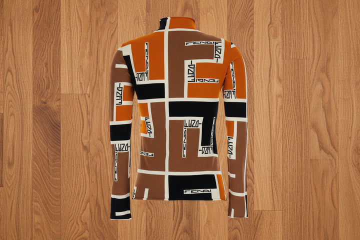 Long-sleeve shirt with geometric pattern and 'Fendi' branding on a white background