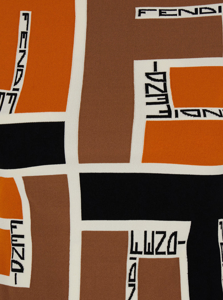 Fendi patterned fabric with checkered design and brand name.