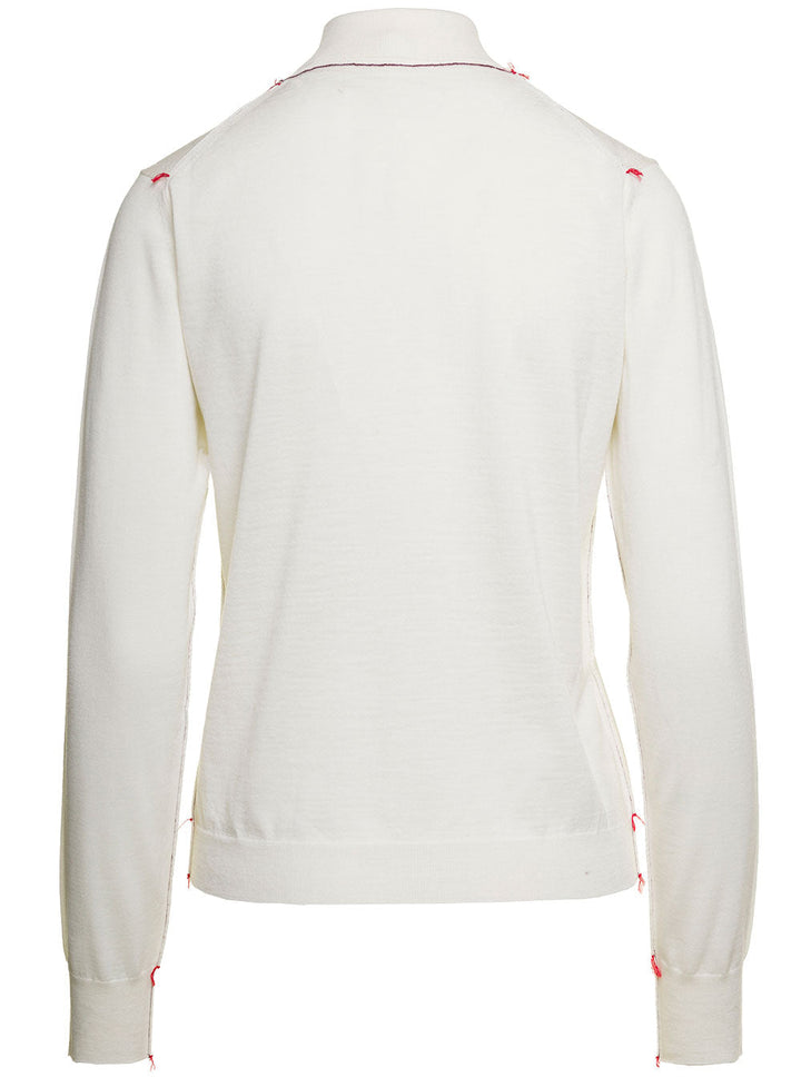 Maison Margiela Women White High Neck Sweater With Contrasting Stitching In Wool Woman