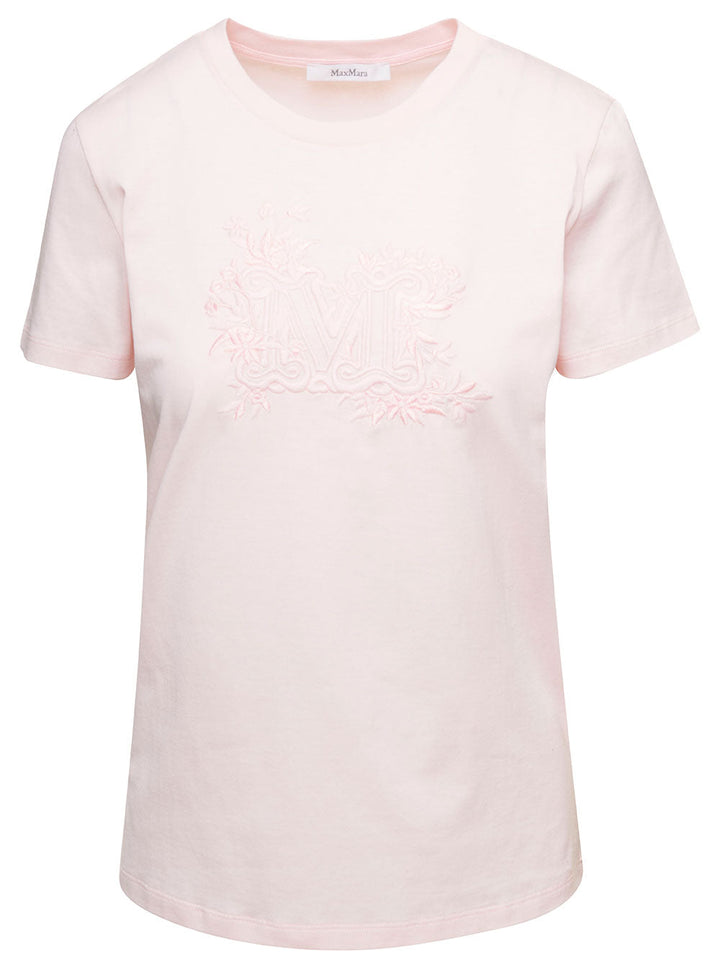 Max Mara Women Pink Crew Neck T-Shirt With Embroidered Logo On The Chest In Cotton Woman