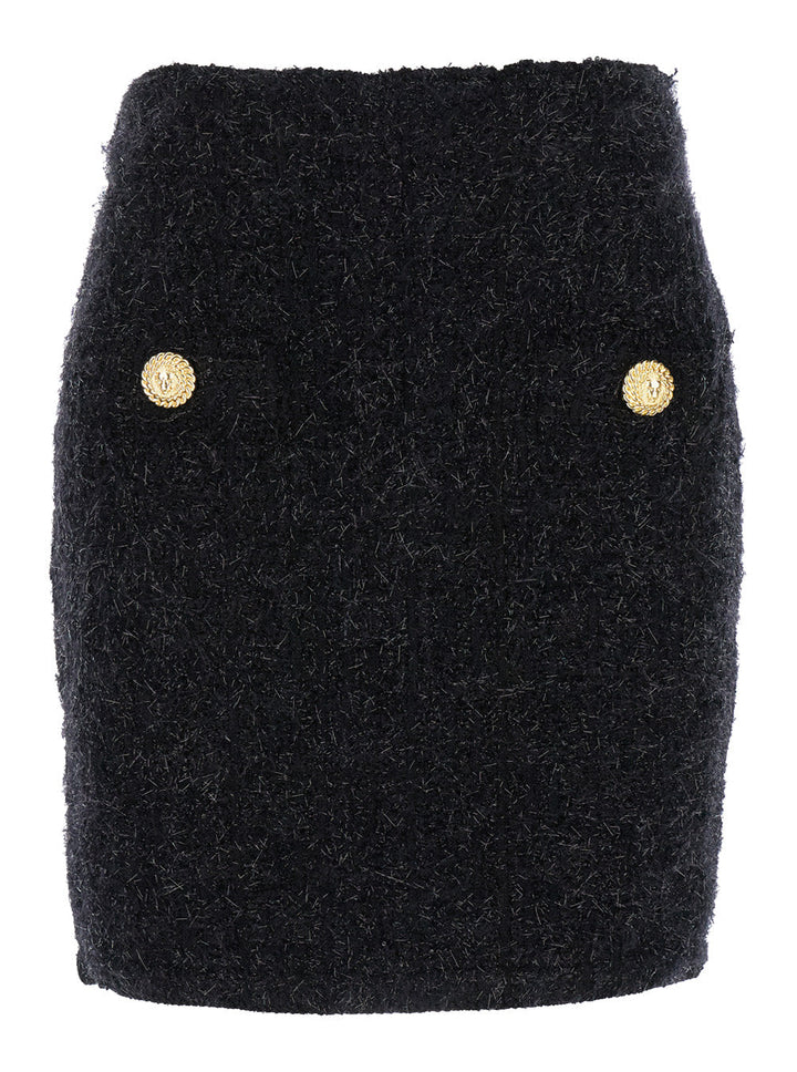 Balmain Women Black Pencil Mini Skirt With Jewel Buttons In Tweed Woman