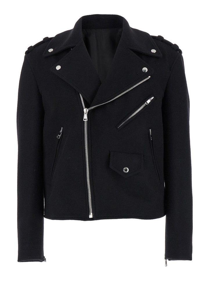 Balmain Men Black Biker Jacket With Zip Closure In Wool Man