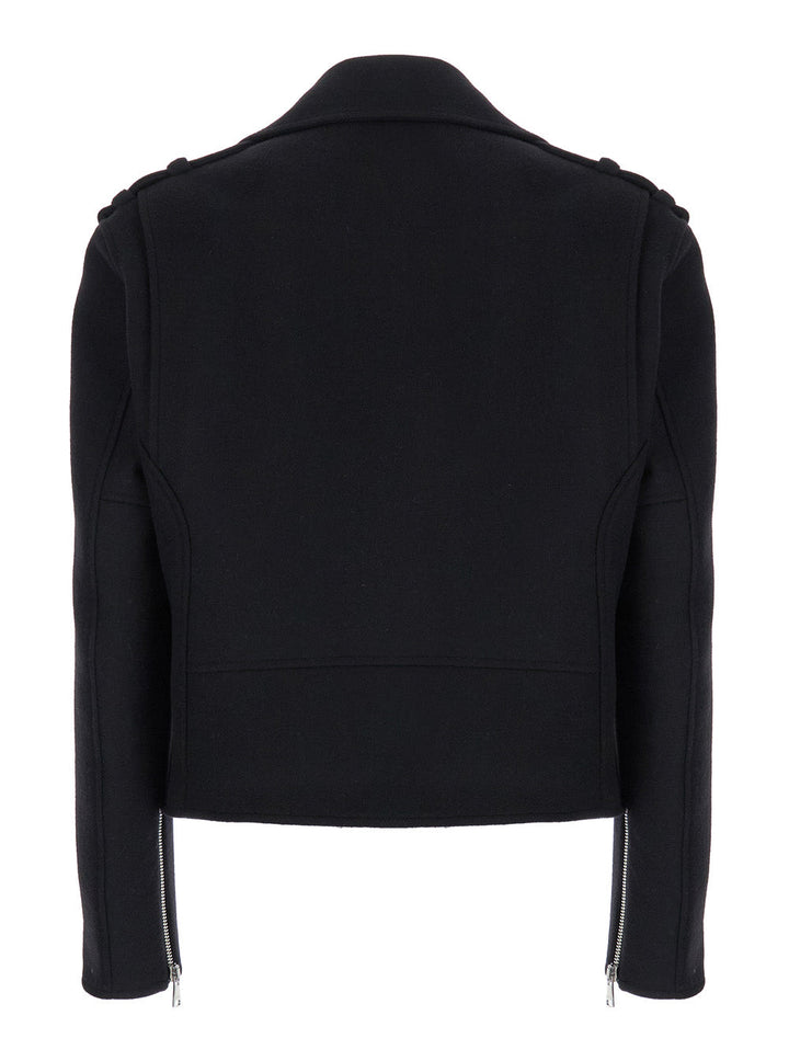 Balmain Men Black Biker Jacket With Zip Closure In Wool Man
