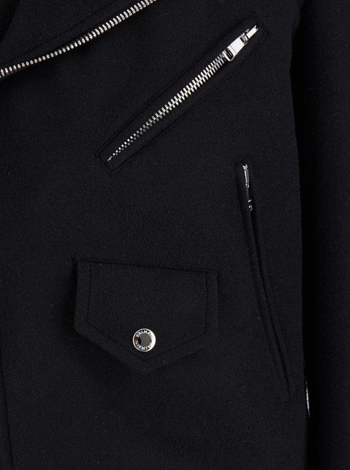 Balmain Men Black Biker Jacket With Zip Closure In Wool Man