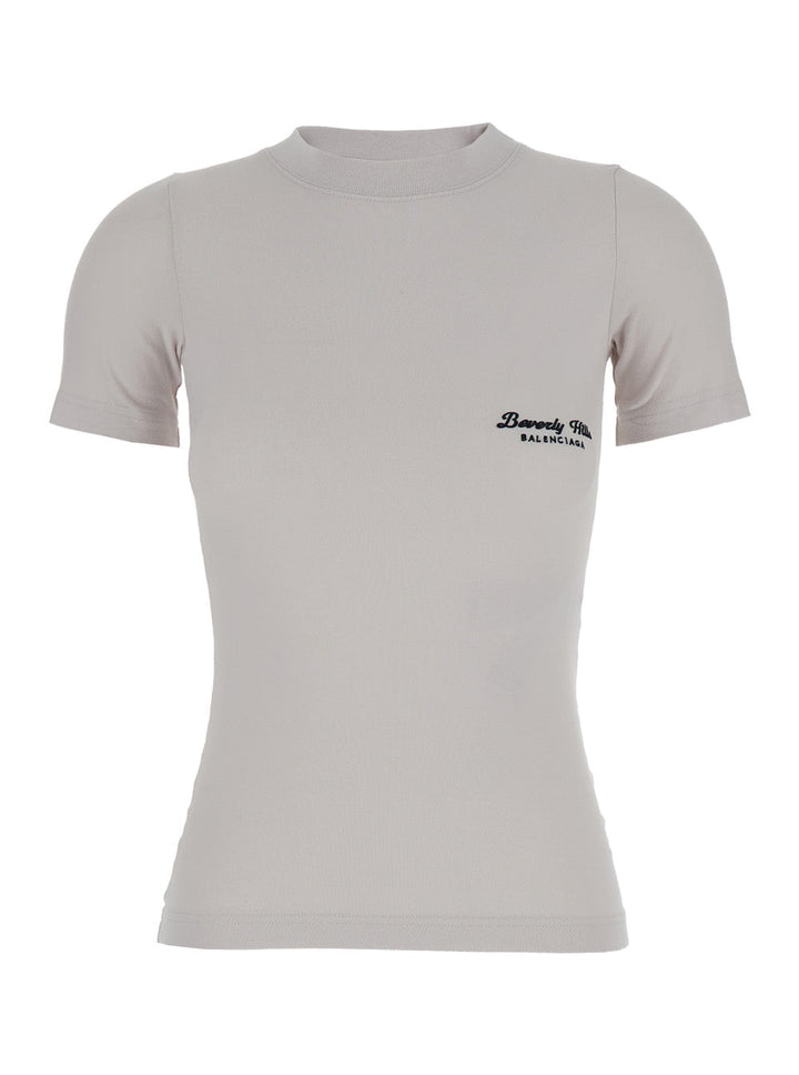 Balenciaga Women Off White T-Shirt With Beverly Hills Embroidery In Peeling Stretch Jersey Woman