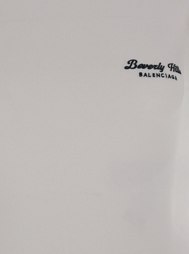 Balenciaga Women Off White T-Shirt With Beverly Hills Embroidery In Peeling Stretch Jersey Woman