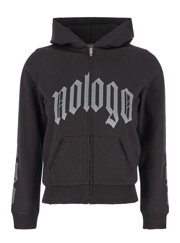 Balenciaga Women Black Zip-Up Hoodie With No Logo Gothic Print In Jersey Woman