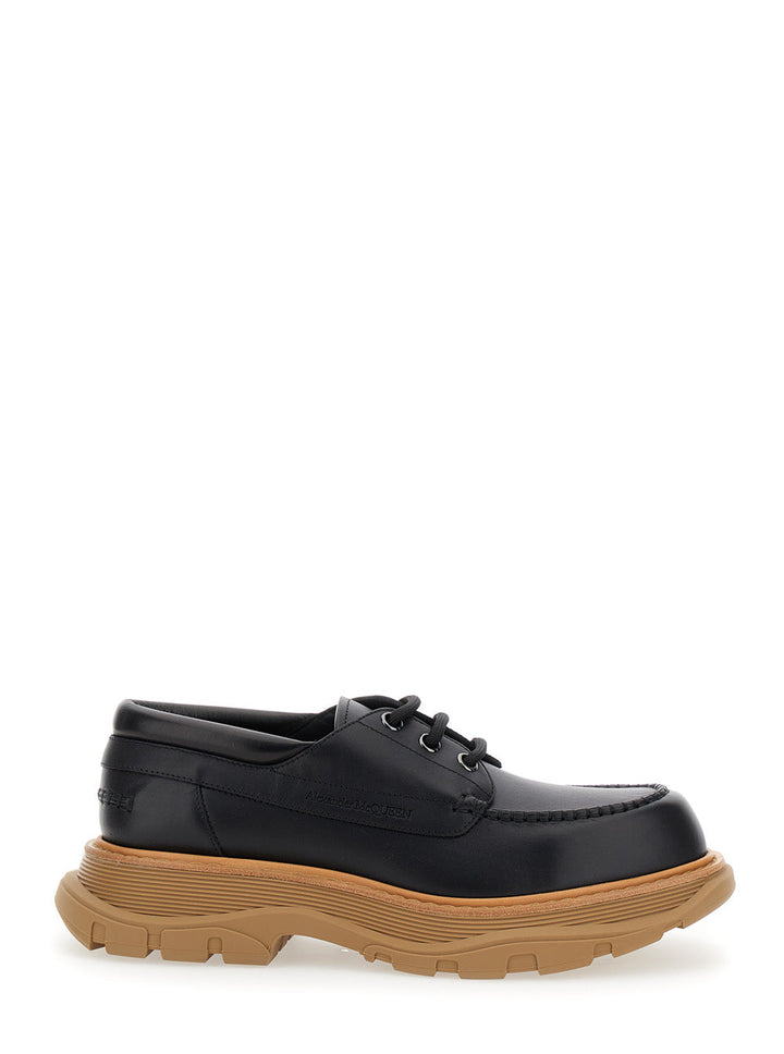 Alexander Mcqueen Men Black Derby Shoes With Engraved Logo And Platform In Leather Man