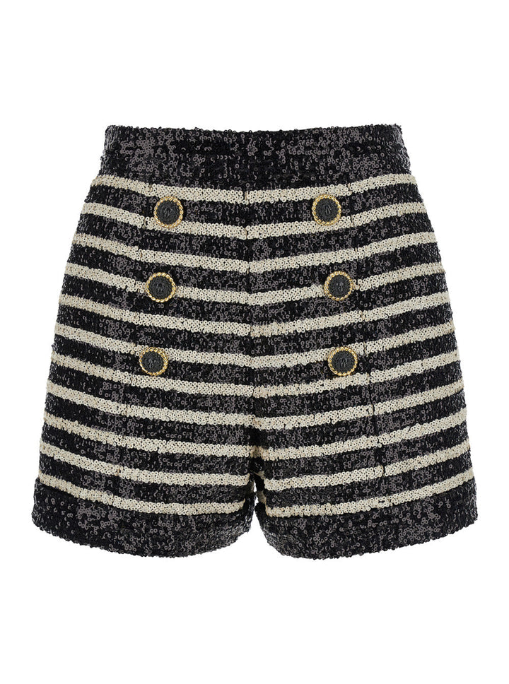 Balmain Women Black And White Striped Shorts With Jewel Buttons In All-Over Sequins Fabric Woman