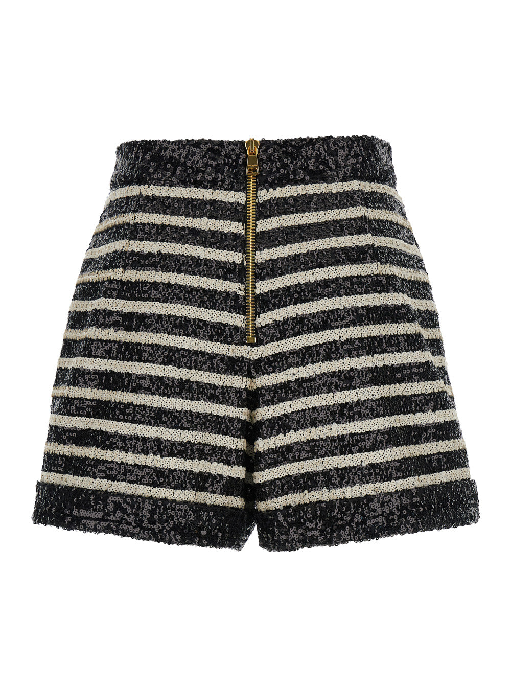 Balmain Women Black And White Striped Shorts With Jewel Buttons In All-Over Sequins Fabric Woman