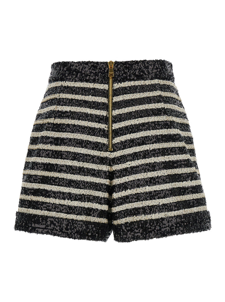 Balmain Women Black And White Striped Shorts With Jewel Buttons In All-Over Sequins Fabric Woman