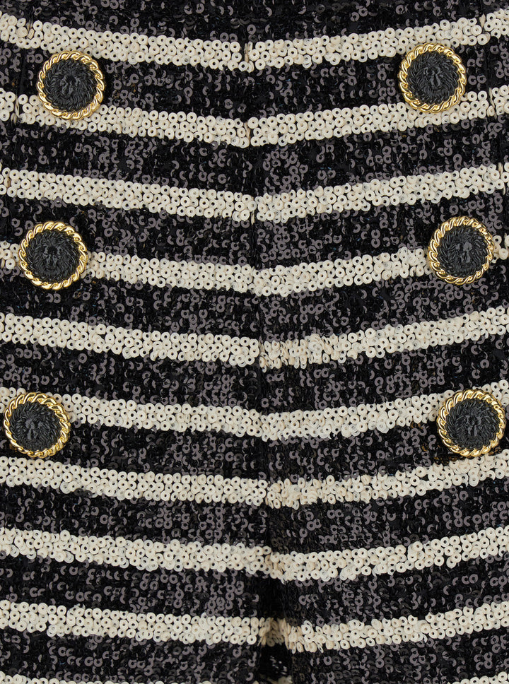 Balmain Women Black And White Striped Shorts With Jewel Buttons In All-Over Sequins Fabric Woman