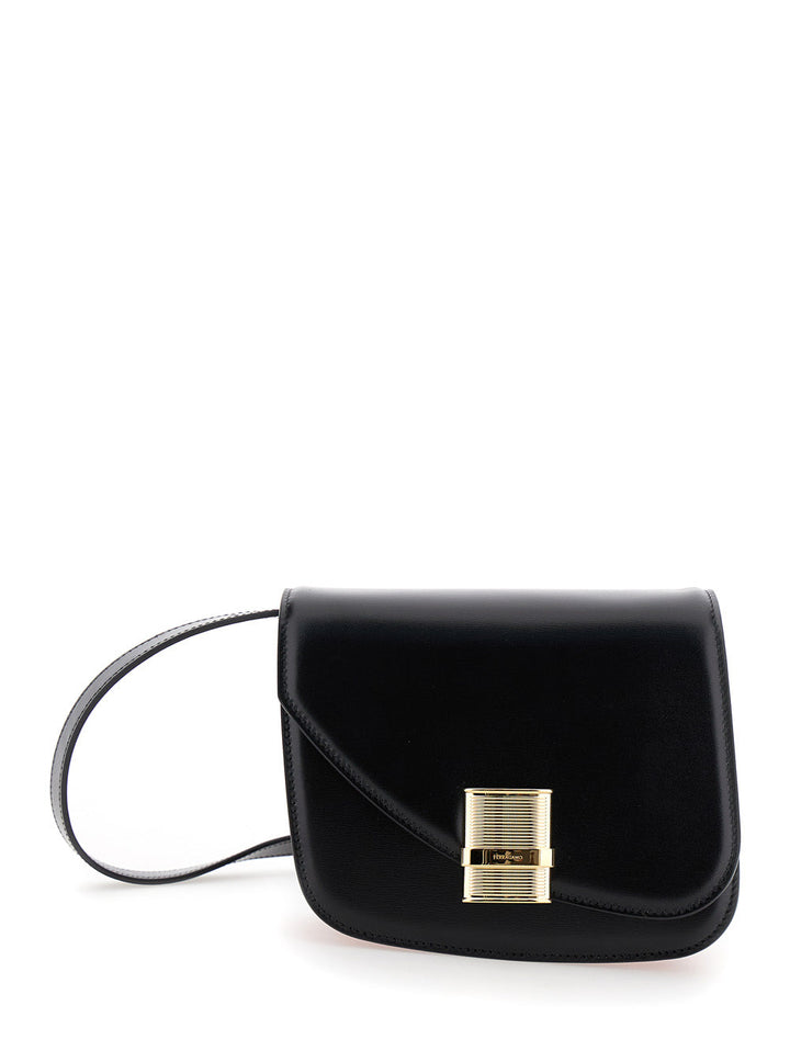 Ferragamo Women 'Fiamma S' Black Asymmetric Crossbody Bag With Logo Detail In Leather Woman
