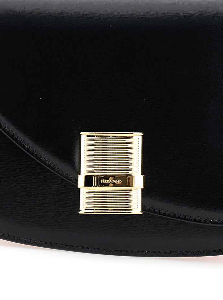 Ferragamo Women 'Fiamma S' Black Asymmetric Crossbody Bag With Logo Detail In Leather Woman
