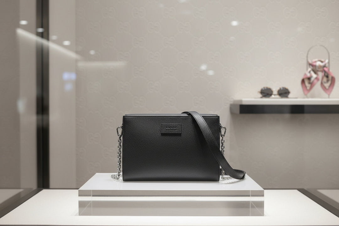 Black handbag with a visible brand logo on a white background