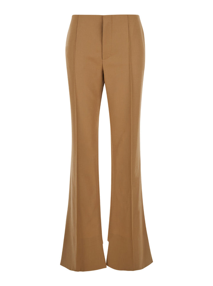 Chloé Women Beige Flared Pants With Asymmetric Hem In Grain De Poudre Wool Woman
