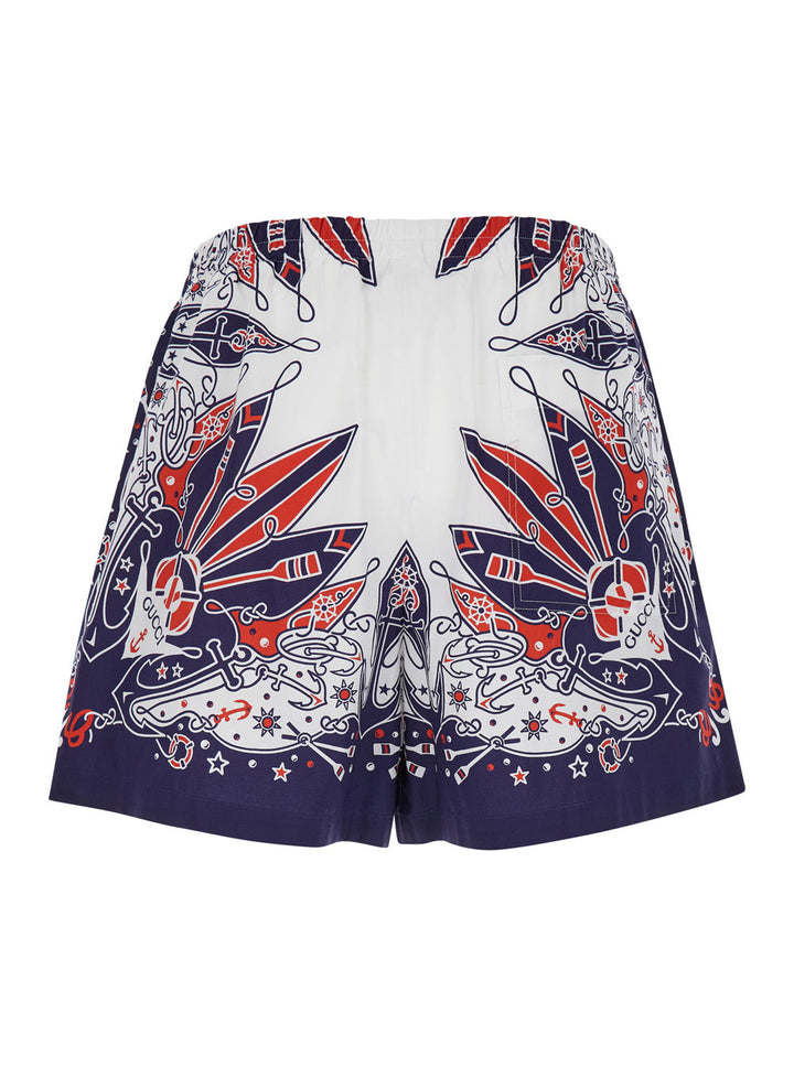 Gucci Men Blue Shorts With Gucci Bandana Print In Cotton Man