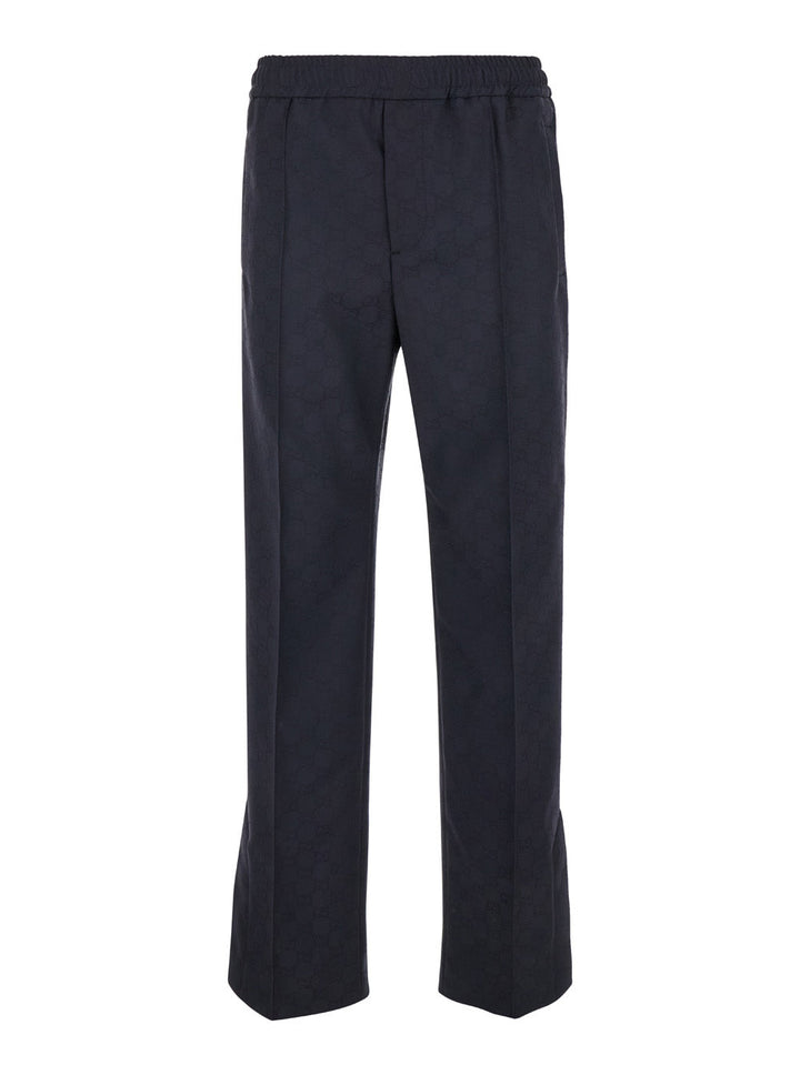 Gucci Men Blue Pants With Web Detail In Gg Fabric Man