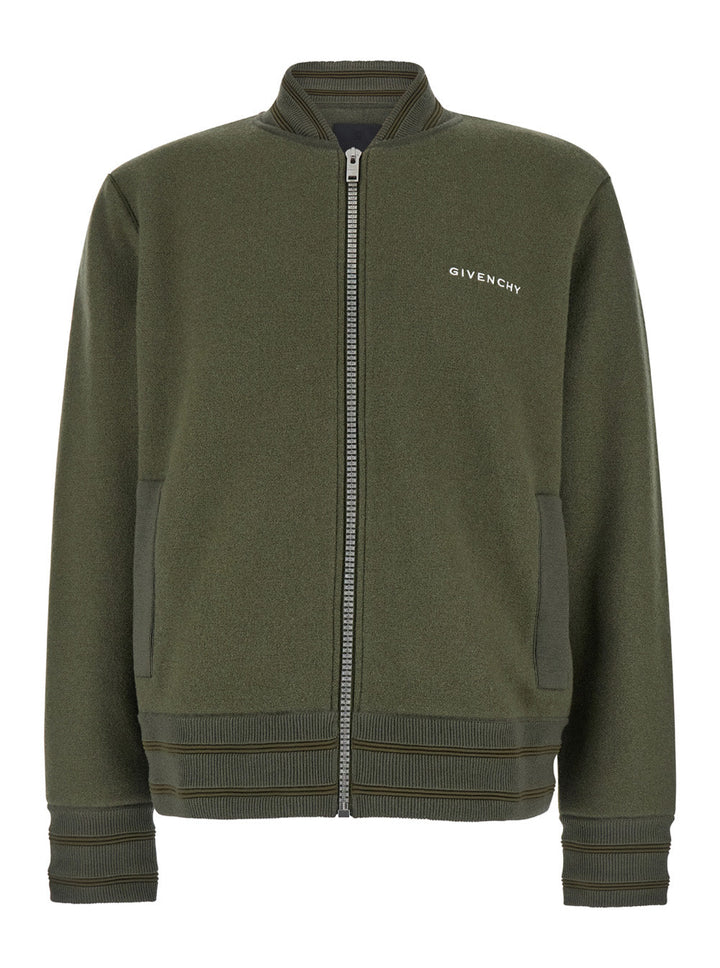 Givenchy Men Green Sweatshirt With Bomber Collar And 4G Logo In Wool Man