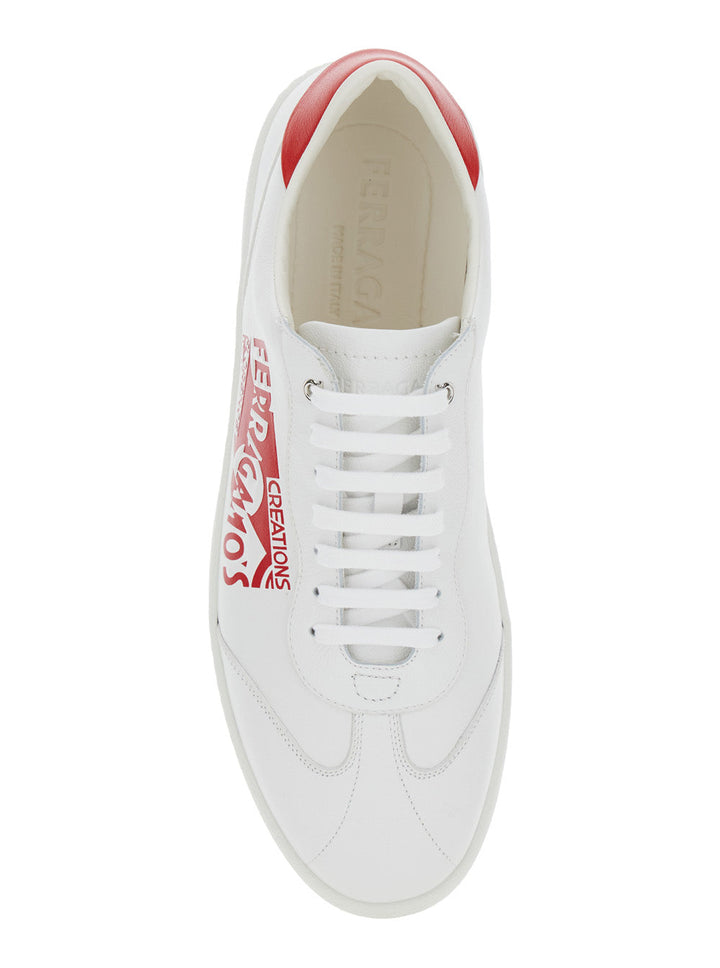 Ferragamo Men 'Achille' White Low Top Sneakers With Red Logo Detail In Leather Man