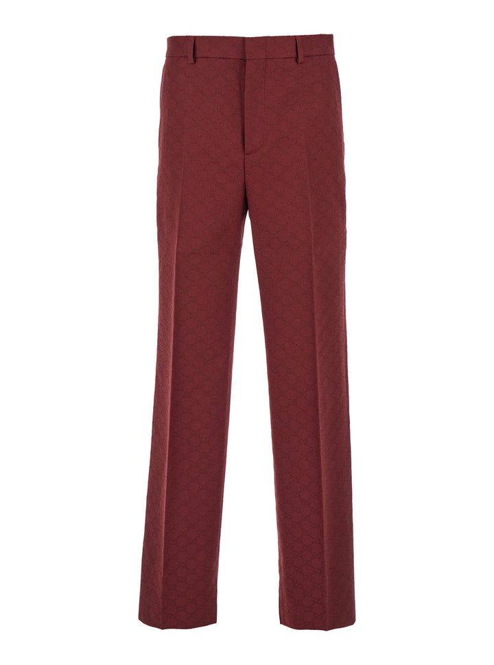 Gucci Men Bordeaux Straight Pants With Gg Motif In Cotton Man