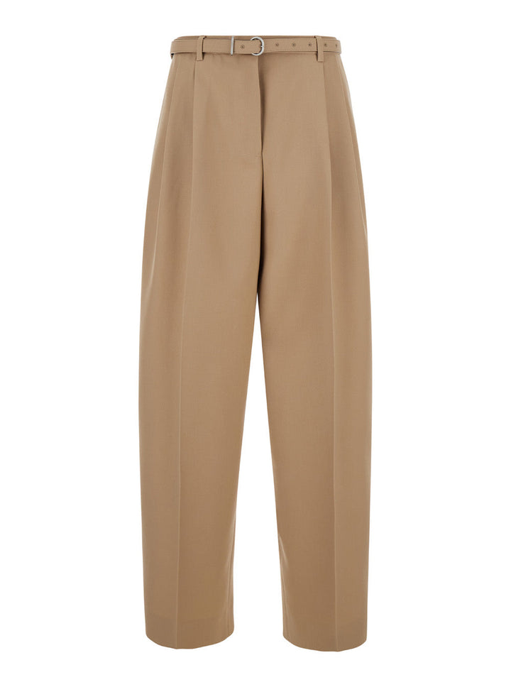 Jil Sander Women Beige Pants With High Waist And Belt And Pences On The Front In Cotton Woman