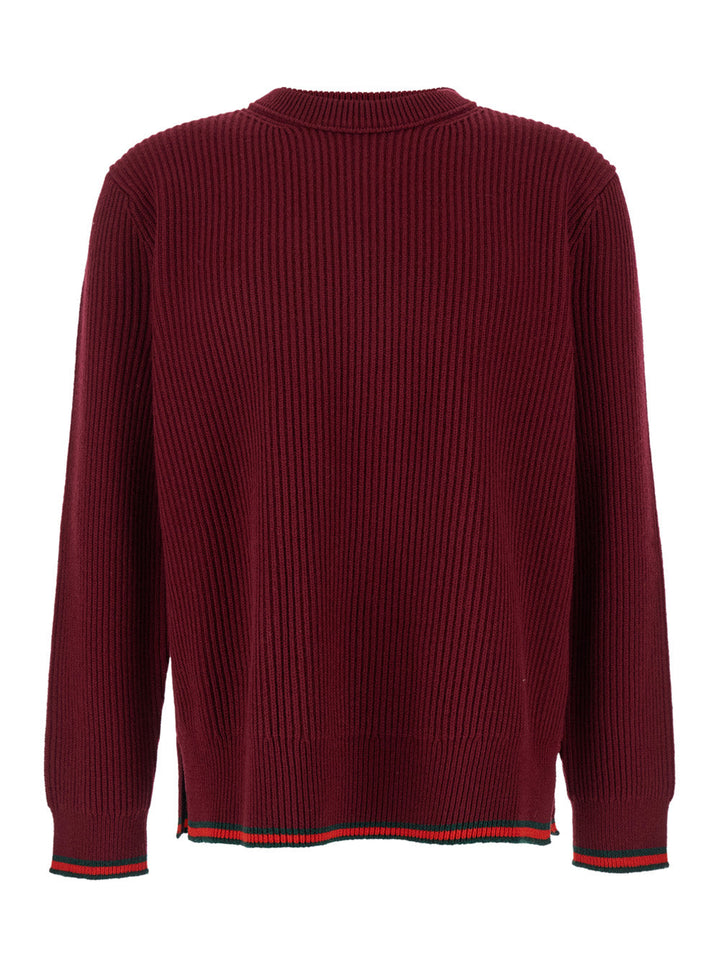 Gucci Men Red Crewneck Sweater With Web Detail In Ribbed Wool Blend Man