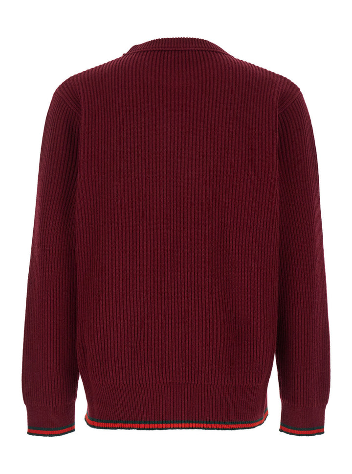 Gucci Men Red Crewneck Sweater With Web Detail In Ribbed Wool Blend Man