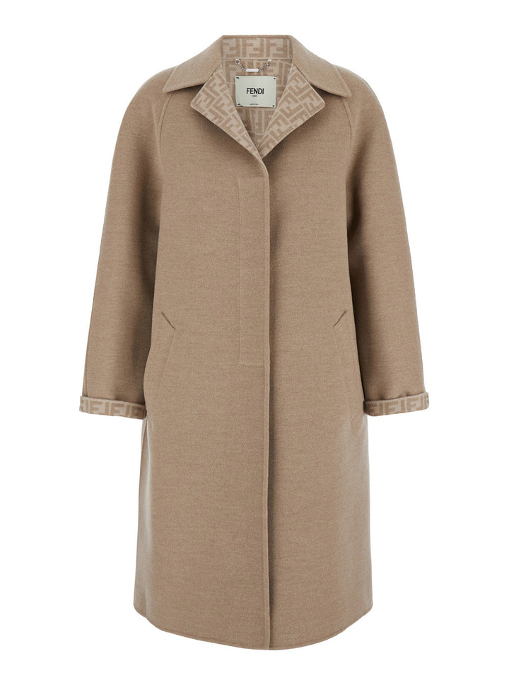 Fendi Women Beige Single-Breasted Reversible Coat In Wool Blend Woman