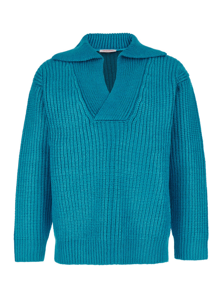 Valentino Men Light Blue Pullover With V Neck In Silk Blend Knit Man