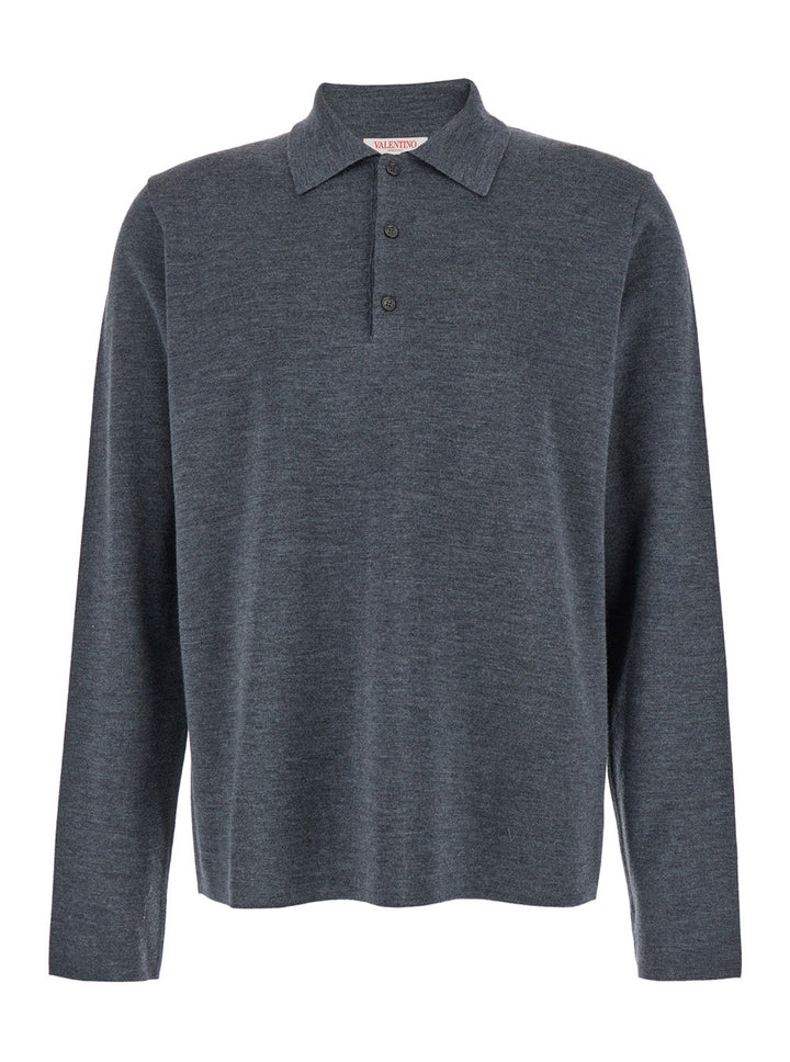 Valentino Men Grey Polo Shirt With Classic Collar And Long Sleeves In Wool Man