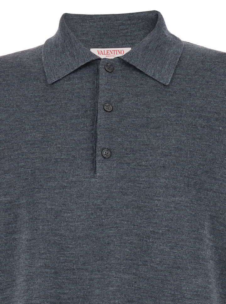 Valentino Men Grey Polo Shirt With Classic Collar And Long Sleeves In Wool Man