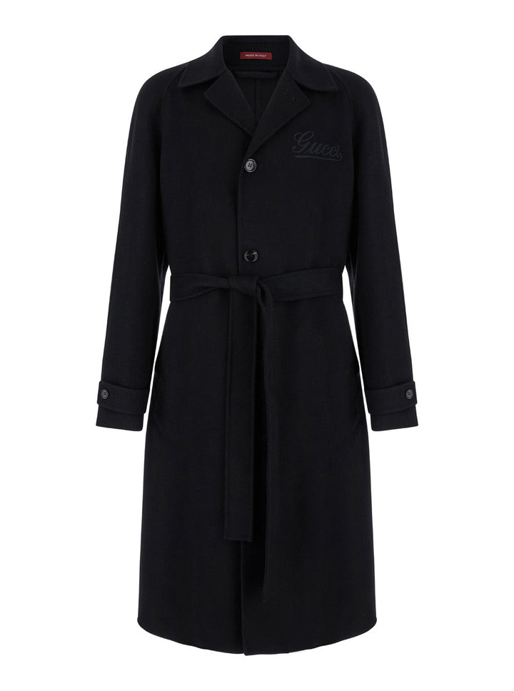 Gucci Men Black Single-Breasted Coat With Wide Notched Revers And Belt In Wool Man