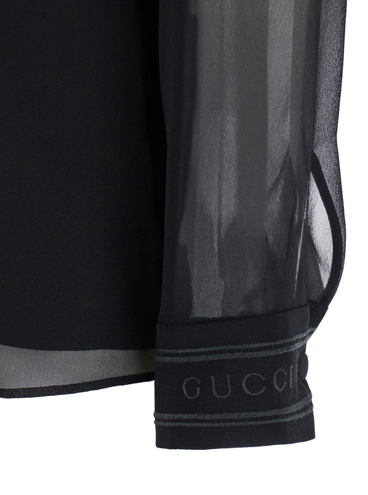 Gucci Women Black Blouse With High Pussy Bow Neck In Silk Georgette Woman