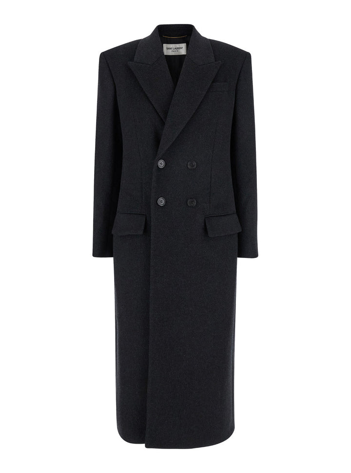 Saint Laurent Women Grey Double-Breasted Coat With Peak Revers In Cashmere And Wool Woman