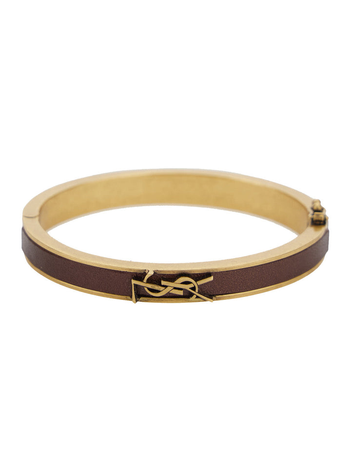 Saint Laurent Women Brown And Gold Colored Bracelt With Cassandre In Metal And Leather Woman