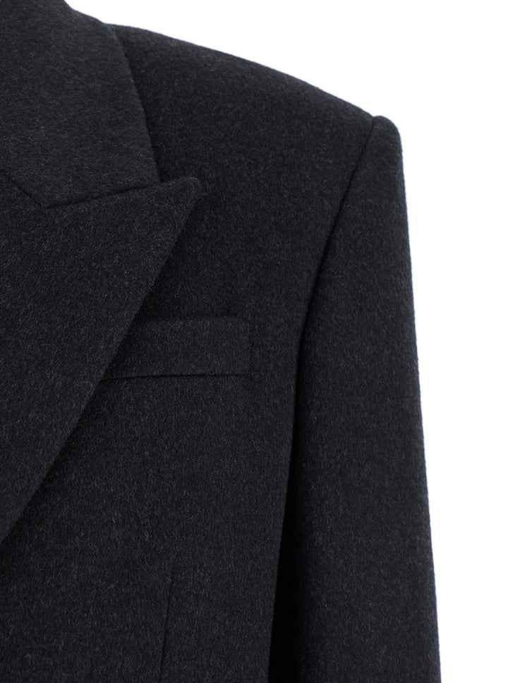 Saint Laurent Women Grey Double-Breasted Coat With Peak Revers In Cashmere And Wool Woman