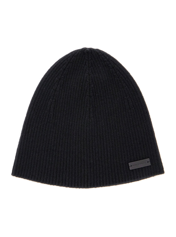 Saint Laurent Men Black Beanie With Logo Patch In Cashmere Man