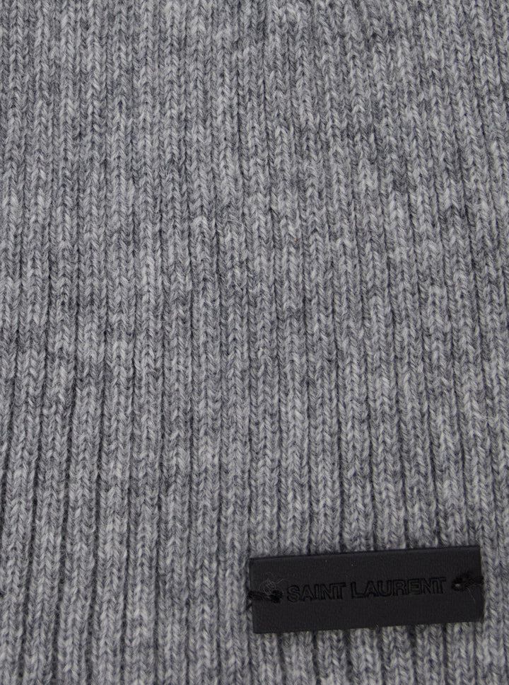Saint Laurent Men Grye Beanie With Logo Patch In Cashmere Man