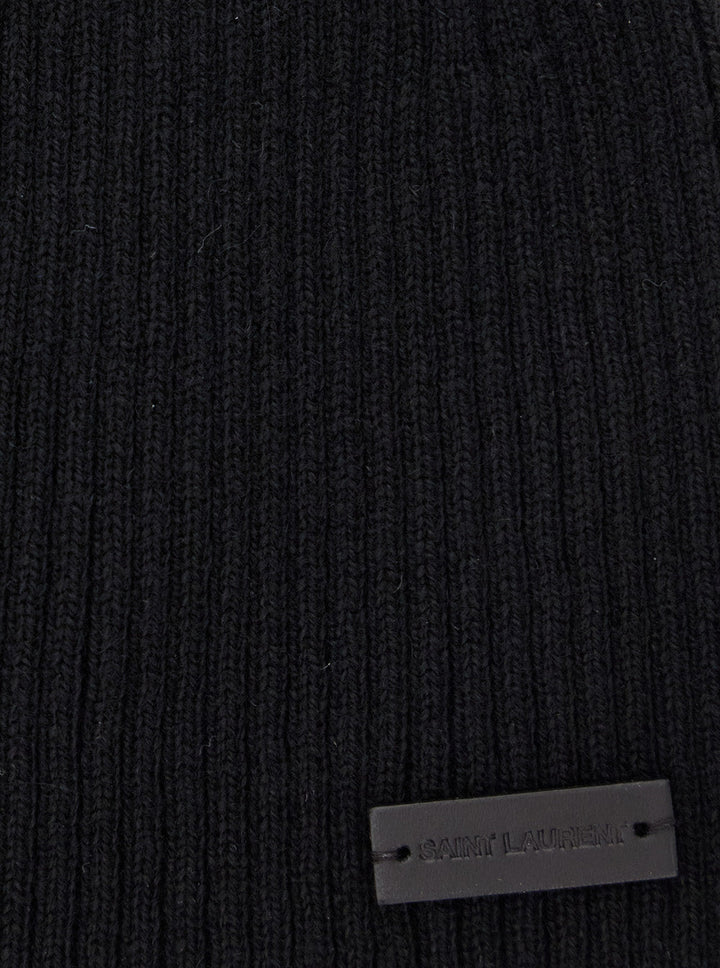 Saint Laurent Men Black Beanie With Logo Patch In Cashmere Man