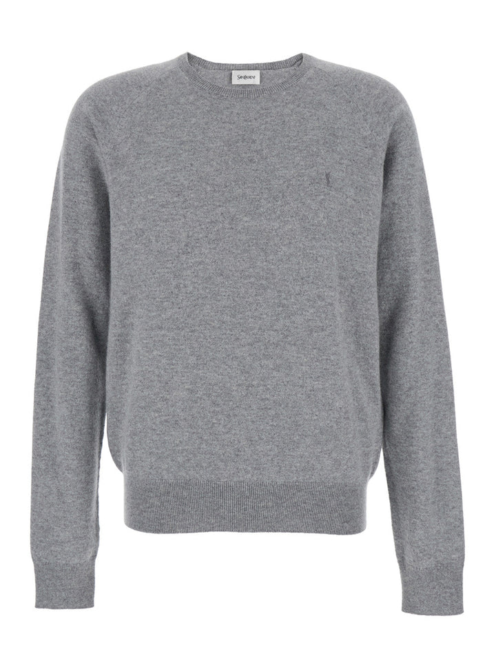 Saint Laurent Men Grey Crewneck Sweater With Cassandre In Cashmere Man