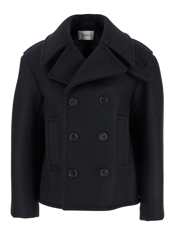 Saint Laurent Women Black Double-Breasted Coat With Classic Wide Revers In Wool Woman