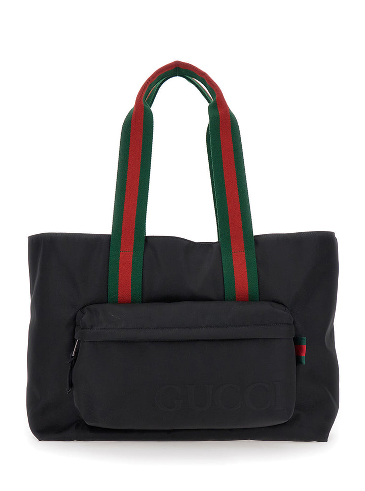 Gucci Men Black Tote Bag With Web Handles And Logo Lettering On The Front In Tech Fabric Man