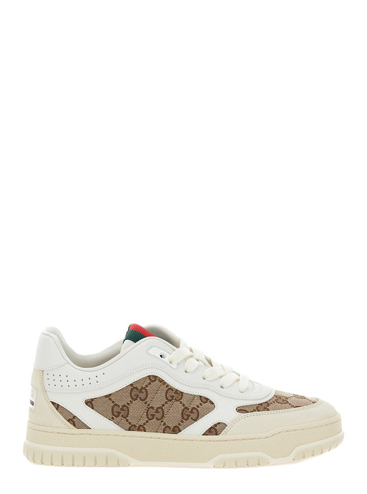 Gucci Women White And Beige Low Top Sneakers With Web Detail In Leather And Gg Supreme Canvas Woman