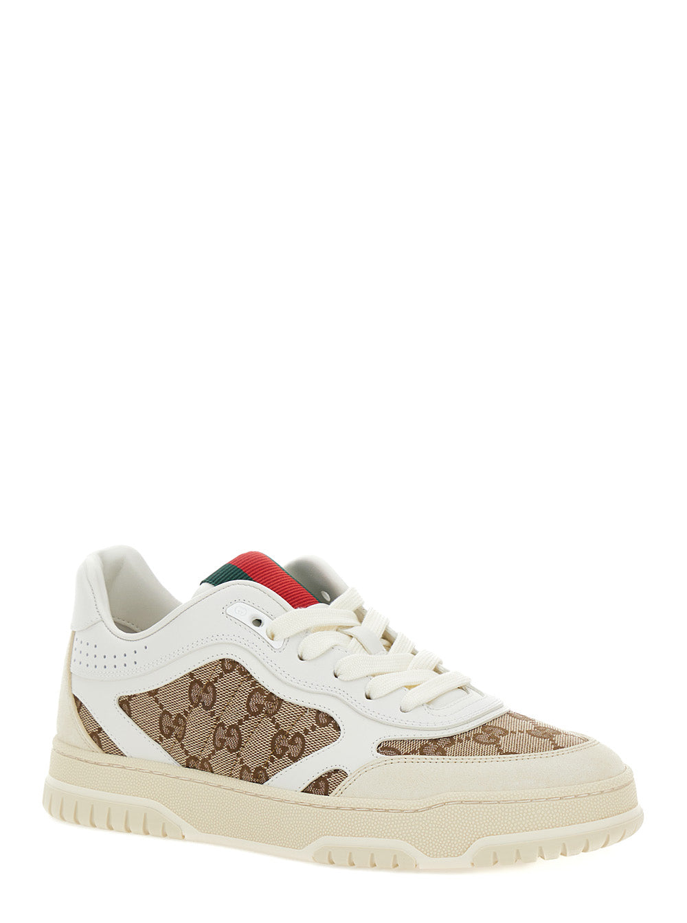 Gucci Women White And Beige Low Top Sneakers With Web Detail In Leather And Gg Supreme Canvas Woman