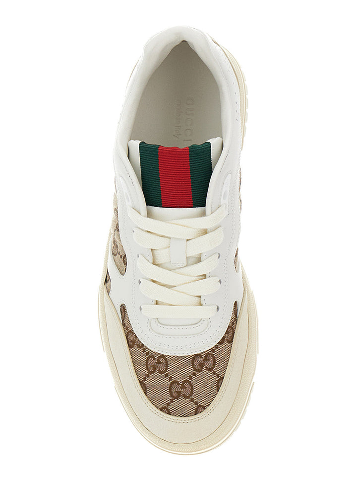 Gucci Women White And Beige Low Top Sneakers With Web Detail In Leather And Gg Supreme Canvas Woman
