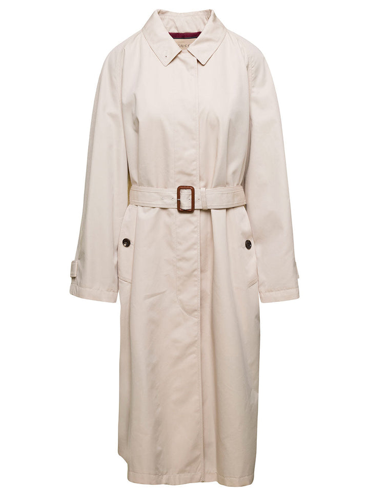 Gucci Women Beige Single-Breasted Trench Coat With Matching Belt In Cotton Blend Woman